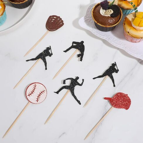 24 PCS Baseball Cupcake Toppers ، Glitter Baseball موضوع كب كيك يختار البيسبول كب كيك حامل الحلوى للرياضة كرة لاخطط للحفلات. in Saudi Arabia