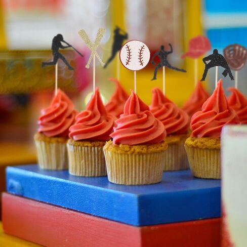 24 PCS Baseball Cupcake Toppers ، Glitter Baseball موضوع كب كيك يختار البيسبول كب كيك حامل الحلوى للرياضة كرة لاخطط للحفلات. in Saudi Arabia