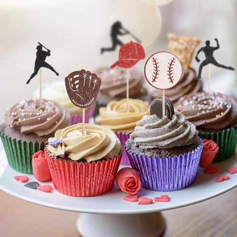 24 PCS Baseball Cupcake Toppers ، Glitter Baseball موضوع كب كيك يختار البيسبول كب كيك حامل الحلوى للرياضة كرة لاخطط للحفلات. in Saudi Arabia