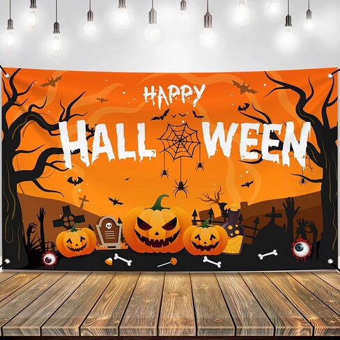 Katchon Xtralarge Happy Halloween Banner - 72x44 بوصة | خلفية عصبية | زينة الحفلات البرتقالية والأسود | لافتة اليقطين للزخارف في الهواء الطلق in Saudi Arabia