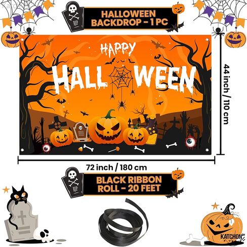 Katchon Xtralarge Happy Halloween Banner - 72x44 بوصة | خلفية عصبية | زينة الحفلات البرتقالية والأسود | لافتة اليقطين للزخارف في الهواء الطلق in Saudi Arabia