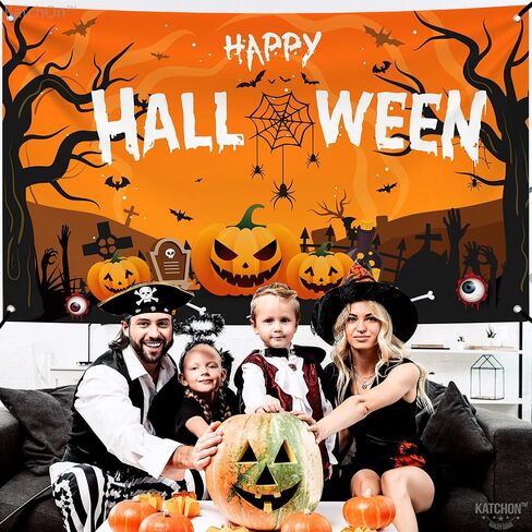 Katchon Xtralarge Happy Halloween Banner - 72x44 بوصة | خلفية عصبية | زينة الحفلات البرتقالية والأسود | لافتة اليقطين للزخارف في الهواء الطلق in Saudi Arabia