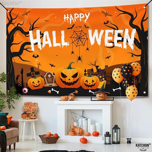 Katchon Xtralarge Happy Halloween Banner - 72x44 بوصة | خلفية عصبية | زينة الحفلات البرتقالية والأسود | لافتة اليقطين للزخارف في الهواء الطلق in Saudi Arabia
