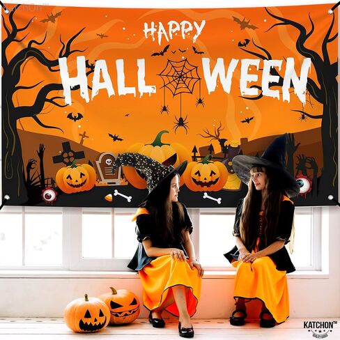 Katchon Xtralarge Happy Halloween Banner - 72x44 بوصة | خلفية عصبية | زينة الحفلات البرتقالية والأسود | لافتة اليقطين للزخارف في الهواء الطلق in Saudi Arabia