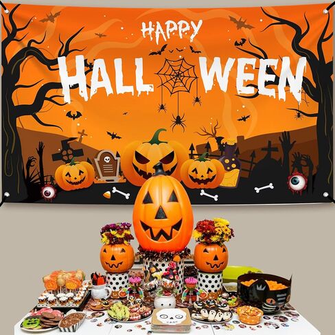 Katchon Xtralarge Happy Halloween Banner - 72x44 بوصة | خلفية عصبية | زينة الحفلات البرتقالية والأسود | لافتة اليقطين للزخارف في الهواء الطلق in Saudi Arabia