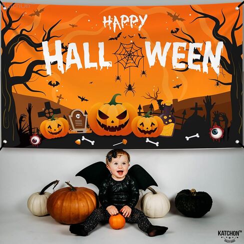 Katchon Xtralarge Happy Halloween Banner - 72x44 بوصة | خلفية عصبية | زينة الحفلات البرتقالية والأسود | لافتة اليقطين للزخارف في الهواء الطلق in Saudi Arabia