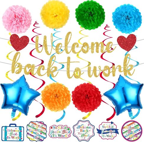 15pcs Welcome Back to Work Decorations for Office Colorful So Glad You're Back To Work Banner Hanging Swirls Balloons Pompoms for Office Work Anniversary Decor for Home, Office Party Supplies in Saudi Arabia
