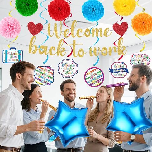 15pcs Welcome Back to Work Decorations for Office Colorful So Glad You're Back To Work Banner Hanging Swirls Balloons Pompoms for Office Work Anniversary Decor for Home, Office Party Supplies in Saudi Arabia