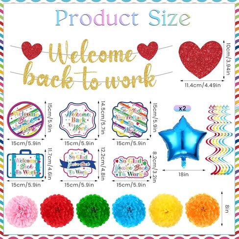 15pcs Welcome Back to Work Decorations for Office Colorful So Glad You're Back To Work Banner Hanging Swirls Balloons Pompoms for Office Work Anniversary Decor for Home, Office Party Supplies in Saudi Arabia