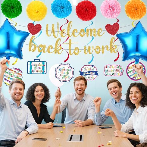 15pcs Welcome Back to Work Decorations for Office Colorful So Glad You're Back To Work Banner Hanging Swirls Balloons Pompoms for Office Work Anniversary Decor for Home, Office Party Supplies in Saudi Arabia