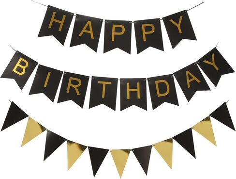 Black and Gold Striped Banner with Triangular Flag Set | Birthday Party Decoration Celebration Banner Set | Black Background with Gold Letters Suitable for All Ages in Saudi Arabia
