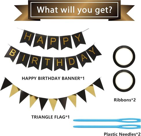 Black and Gold Striped Banner with Triangular Flag Set | Birthday Party Decoration Celebration Banner Set | Black Background with Gold Letters Suitable for All Ages in Saudi Arabia