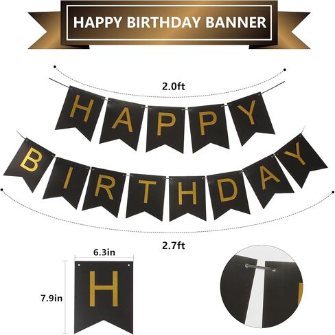 Black and Gold Striped Banner with Triangular Flag Set | Birthday Party Decoration Celebration Banner Set | Black Background with Gold Letters Suitable for All Ages in Saudi Arabia