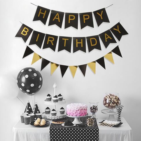 Black and Gold Striped Banner with Triangular Flag Set | Birthday Party Decoration Celebration Banner Set | Black Background with Gold Letters Suitable for All Ages in Saudi Arabia