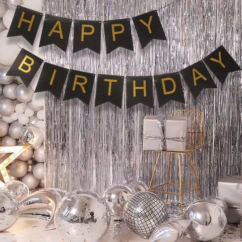 Black and Gold Striped Banner with Triangular Flag Set | Birthday Party Decoration Celebration Banner Set | Black Background with Gold Letters Suitable for All Ages in Saudi Arabia