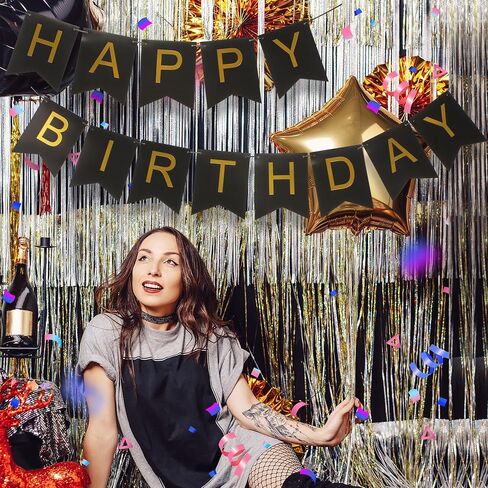 Black and Gold Striped Banner with Triangular Flag Set | Birthday Party Decoration Celebration Banner Set | Black Background with Gold Letters Suitable for All Ages in Saudi Arabia