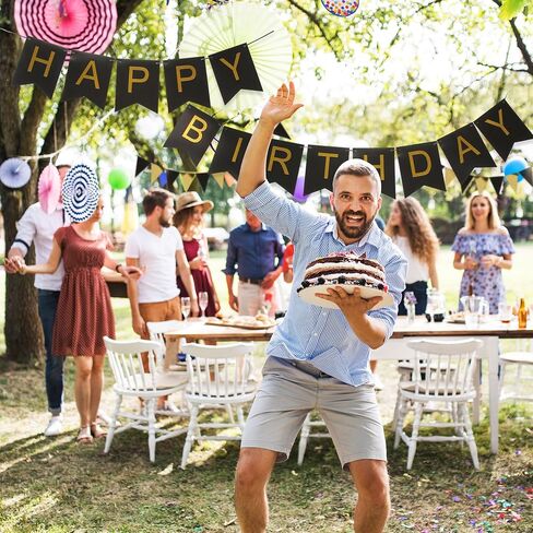 Black and Gold Striped Banner with Triangular Flag Set | Birthday Party Decoration Celebration Banner Set | Black Background with Gold Letters Suitable for All Ages in Saudi Arabia