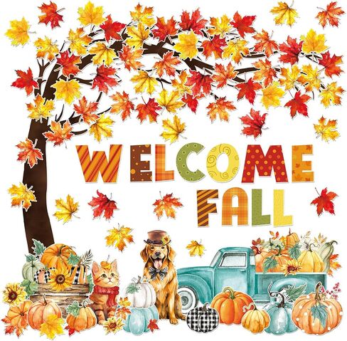 Whaline 120Pcs Welcome Fall Cutouts Autumn Tree Maple Leaves Pumpkin Paper Cut-Outs with 200Pcs Glue Points Watercolor Bulletin Board Decor for Thanksgiving School Classroom Home Party in Saudi Arabia