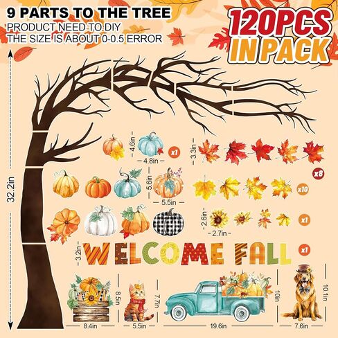 Whaline 120Pcs Welcome Fall Cutouts Autumn Tree Maple Leaves Pumpkin Paper Cut-Outs with 200Pcs Glue Points Watercolor Bulletin Board Decor for Thanksgiving School Classroom Home Party in Saudi Arabia