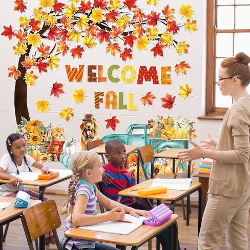 Whaline 120Pcs Welcome Fall Cutouts Autumn Tree Maple Leaves Pumpkin Paper Cut-Outs with 200Pcs Glue Points Watercolor Bulletin Board Decor for Thanksgiving School Classroom Home Party in Saudi Arabia