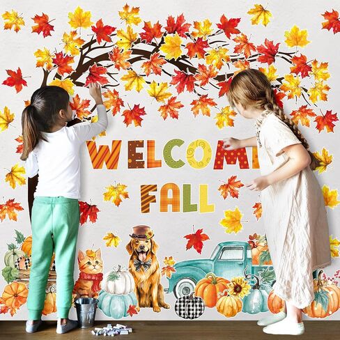 Whaline 120Pcs Welcome Fall Cutouts Autumn Tree Maple Leaves Pumpkin Paper Cut-Outs with 200Pcs Glue Points Watercolor Bulletin Board Decor for Thanksgiving School Classroom Home Party in Saudi Arabia