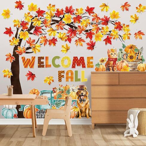 Whaline 120Pcs Welcome Fall Cutouts Autumn Tree Maple Leaves Pumpkin Paper Cut-Outs with 200Pcs Glue Points Watercolor Bulletin Board Decor for Thanksgiving School Classroom Home Party in Saudi Arabia