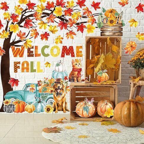 Whaline 120Pcs Welcome Fall Cutouts Autumn Tree Maple Leaves Pumpkin Paper Cut-Outs with 200Pcs Glue Points Watercolor Bulletin Board Decor for Thanksgiving School Classroom Home Party in Saudi Arabia