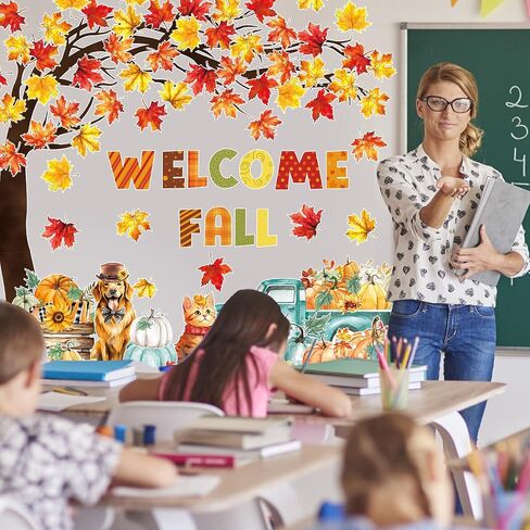 Whaline 120Pcs Welcome Fall Cutouts Autumn Tree Maple Leaves Pumpkin Paper Cut-Outs with 200Pcs Glue Points Watercolor Bulletin Board Decor for Thanksgiving School Classroom Home Party in Saudi Arabia
