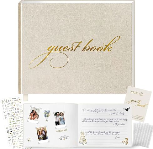 دفتر ضيوف حفل زفاف مع 200 ملصق - علامة ضيوف من الكتان الأنيقة لافتة في حفل استقبال الزفاف ، زوايا صور بولارويد وعلامة الجدول ، كتاب ذاكرة التذكارات in Kuwait