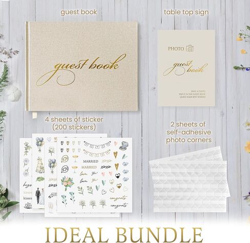 دفتر ضيوف حفل زفاف مع 200 ملصق - علامة ضيوف من الكتان الأنيقة لافتة في حفل استقبال الزفاف ، زوايا صور بولارويد وعلامة الجدول ، كتاب ذاكرة التذكارات in Kuwait
