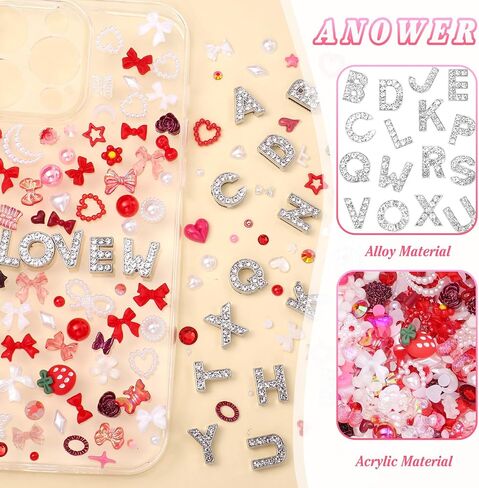 330 Pcs Blue Junk Phone Case Charms 26 Pcs A-Z Rhinestone Alphabet Letter Charms, Mix Flower Bow Heart Pearls Flatback Resin Charms Letter Junk Cases Kit for DIY Crafts in Kuwait