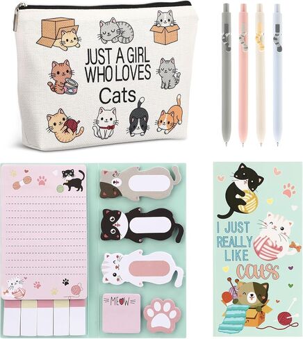 6 Pcs Cute Cat Stationery Set Pens Sticky Notes Makeup Bag Pencil Pouch for Girls Women Cat Lovers Christmas Gifts School Office Supplies in Saudi Arabia