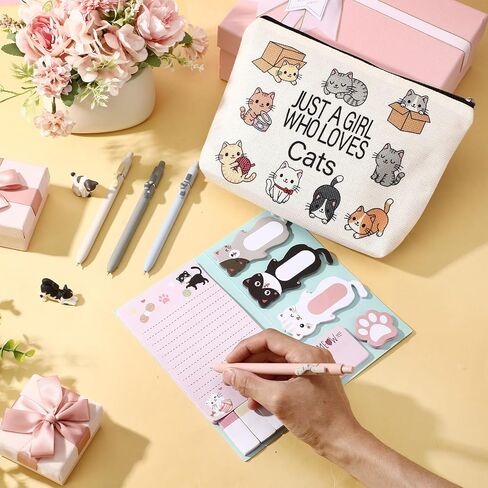 6 Pcs Cute Cat Stationery Set Pens Sticky Notes Makeup Bag Pencil Pouch for Girls Women Cat Lovers Christmas Gifts School Office Supplies in Saudi Arabia