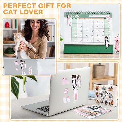 6 Pcs Cute Cat Stationery Set Pens Sticky Notes Makeup Bag Pencil Pouch for Girls Women Cat Lovers Christmas Gifts School Office Supplies in Saudi Arabia
