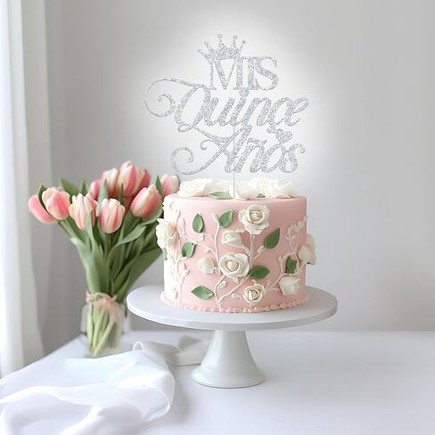 Mis Quince Anos Cake Topper, Happy 15th Birthday Cake Topper, Feliz 15 Anos, Hello 15, 15th Birthday Party Decorations (Silver Glitter) in Saudi Arabia