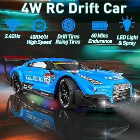 1:16 Spray RC Drift Car for Kids 4WD 2.4GHz 40KM/H High Speed Remote Control Car with LED Lights Drifting Tires & 2 Batteries, Racing Sport Toy for Boys Girls (Blue) in Saudi Arabia