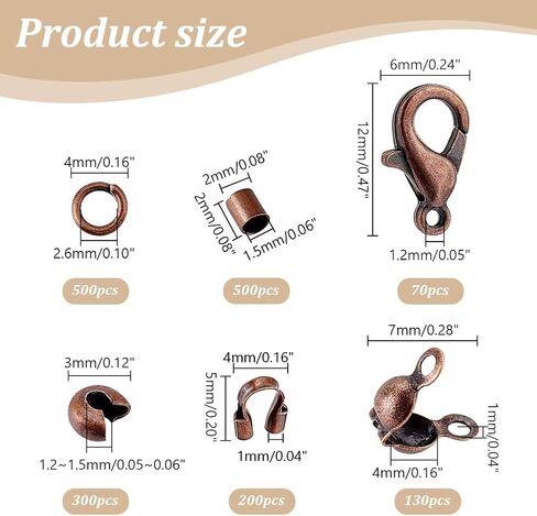 AHANDMAKER 1700Pcs Jewelry Making Accessories Set with Iron Crimp Beads Covers, Zinc Alloy Lobster Claw Clasps, Brass Wire Guardian & End Bead Tips for Necklace Clasps, Red Copper in Saudi Arabia