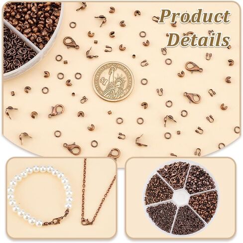 AHANDMAKER 1700Pcs Jewelry Making Accessories Set with Iron Crimp Beads Covers, Zinc Alloy Lobster Claw Clasps, Brass Wire Guardian & End Bead Tips for Necklace Clasps, Red Copper in Saudi Arabia