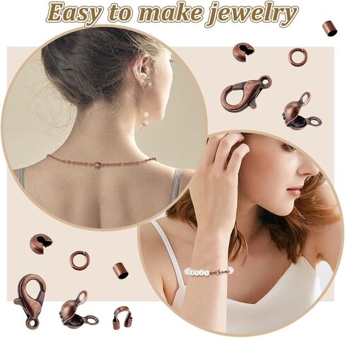 AHANDMAKER 1700Pcs Jewelry Making Accessories Set with Iron Crimp Beads Covers, Zinc Alloy Lobster Claw Clasps, Brass Wire Guardian & End Bead Tips for Necklace Clasps, Red Copper in Saudi Arabia