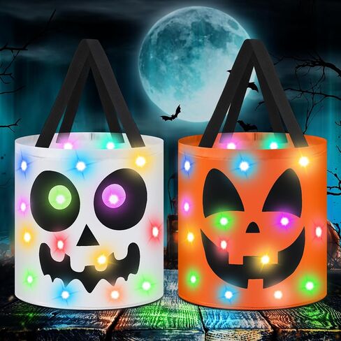 2 Pcs Halloween Trick or Treat Bucket LED Light up Skulls Pumpkins Candy Bags LED Halloween Treating Baskets Reusable Goodie Gift Tote Bag for Party Favor Supplies in Saudi Arabia