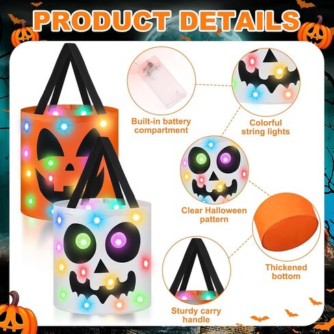 2 Pcs Halloween Trick or Treat Bucket LED Light up Skulls Pumpkins Candy Bags LED Halloween Treating Baskets Reusable Goodie Gift Tote Bag for Party Favor Supplies in Saudi Arabia