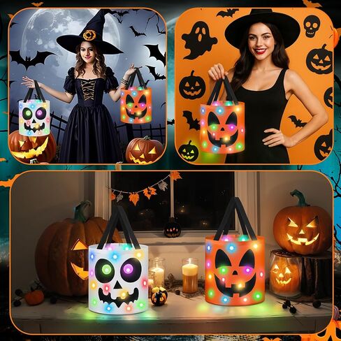 2 Pcs Halloween Trick or Treat Bucket LED Light up Skulls Pumpkins Candy Bags LED Halloween Treating Baskets Reusable Goodie Gift Tote Bag for Party Favor Supplies in Saudi Arabia
