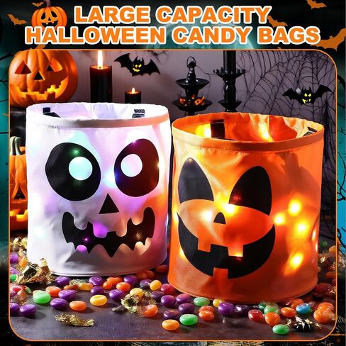 2 Pcs Halloween Trick or Treat Bucket LED Light up Skulls Pumpkins Candy Bags LED Halloween Treating Baskets Reusable Goodie Gift Tote Bag for Party Favor Supplies in Saudi Arabia
