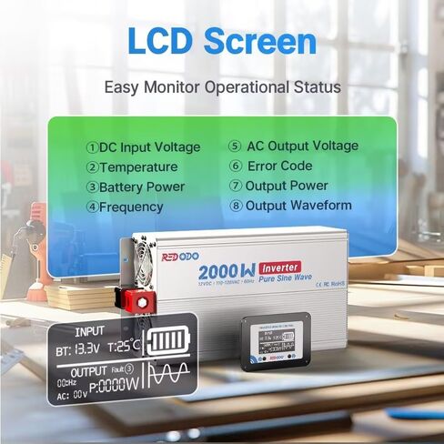 عاكس طاقة Redodo 2000 واط، عاكس موجة جيبية نقية 12 فولت تيار مستمر إلى 110 فولت-120 فولت، 18 أمبير كحد أقصى. منافذ تيار متردد، شاشة LCD، حماية متعددة، عاكس تيار متردد للأجهزة المنزلية، الإلكترونيات، المركبات الترفيهية، الشاحنات، الطاقة الشمسية in Kuwait