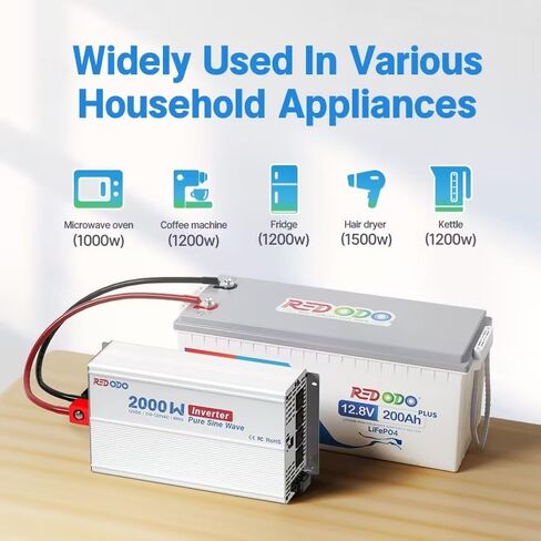 عاكس طاقة Redodo 2000 واط، عاكس موجة جيبية نقية 12 فولت تيار مستمر إلى 110 فولت-120 فولت، 18 أمبير كحد أقصى. منافذ تيار متردد، شاشة LCD، حماية متعددة، عاكس تيار متردد للأجهزة المنزلية، الإلكترونيات، المركبات الترفيهية، الشاحنات، الطاقة الشمسية in Kuwait