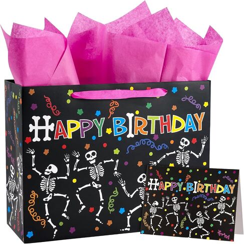 WRAPAHOLIC Skeleton Birthday Gift Bags with Tissue Paper and Card - 10 x 5 x 13 inch - Colorful Skeleton Happy Birthday Paper Bags for Kids Girls Boys, Halloween in Saudi Arabia