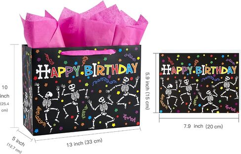 WRAPAHOLIC Skeleton Birthday Gift Bags with Tissue Paper and Card - 10 x 5 x 13 inch - Colorful Skeleton Happy Birthday Paper Bags for Kids Girls Boys, Halloween in Saudi Arabia