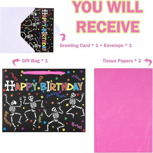 WRAPAHOLIC Skeleton Birthday Gift Bags with Tissue Paper and Card - 10 x 5 x 13 inch - Colorful Skeleton Happy Birthday Paper Bags for Kids Girls Boys, Halloween in Saudi Arabia