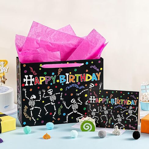 WRAPAHOLIC Skeleton Birthday Gift Bags with Tissue Paper and Card - 10 x 5 x 13 inch - Colorful Skeleton Happy Birthday Paper Bags for Kids Girls Boys, Halloween in Saudi Arabia
