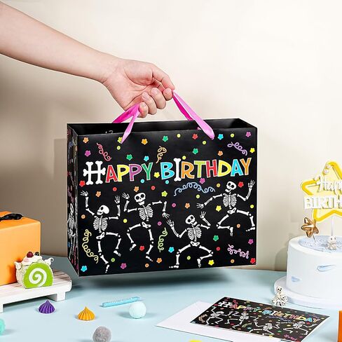 WRAPAHOLIC Skeleton Birthday Gift Bags with Tissue Paper and Card - 10 x 5 x 13 inch - Colorful Skeleton Happy Birthday Paper Bags for Kids Girls Boys, Halloween in Saudi Arabia